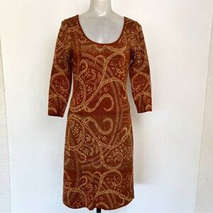 Peruvian Connection 100% Pima Cotton   brown Knit Dress Paisley print Xsmall